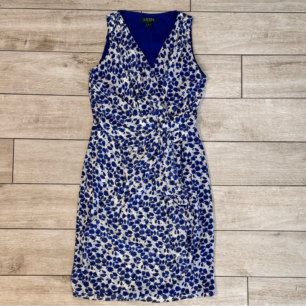 Lauren by Ralph Lauren Blue and Cream Faux Wrap Dress Size 8.
